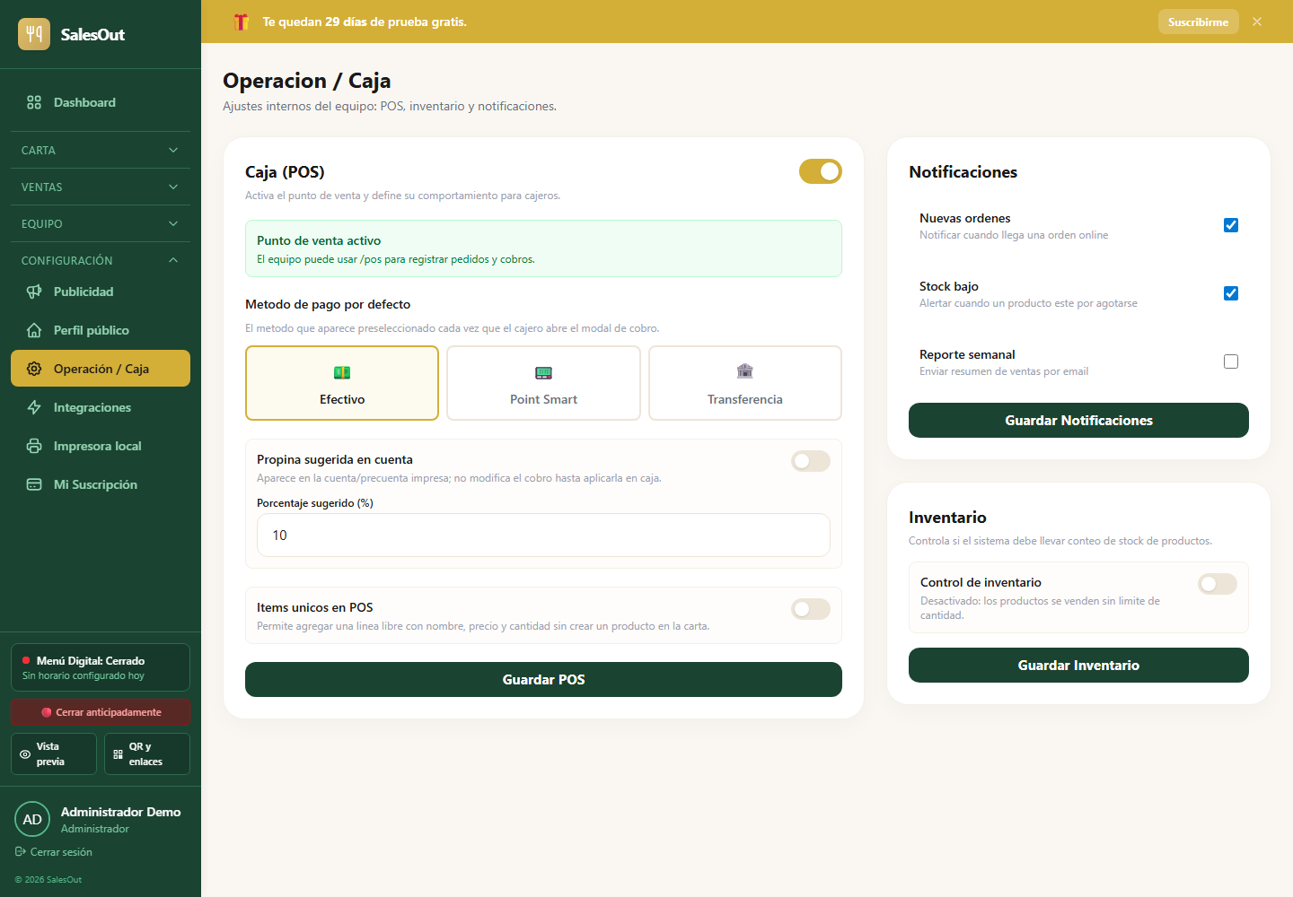 Configuración de operación y caja
