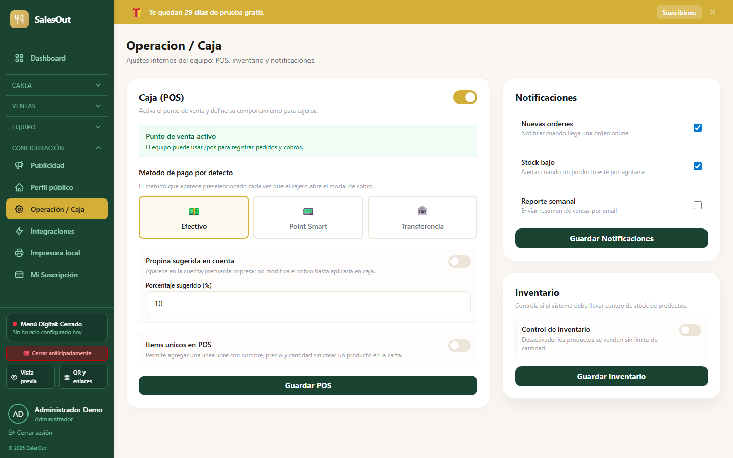 Configuración de operación y caja SalesOut