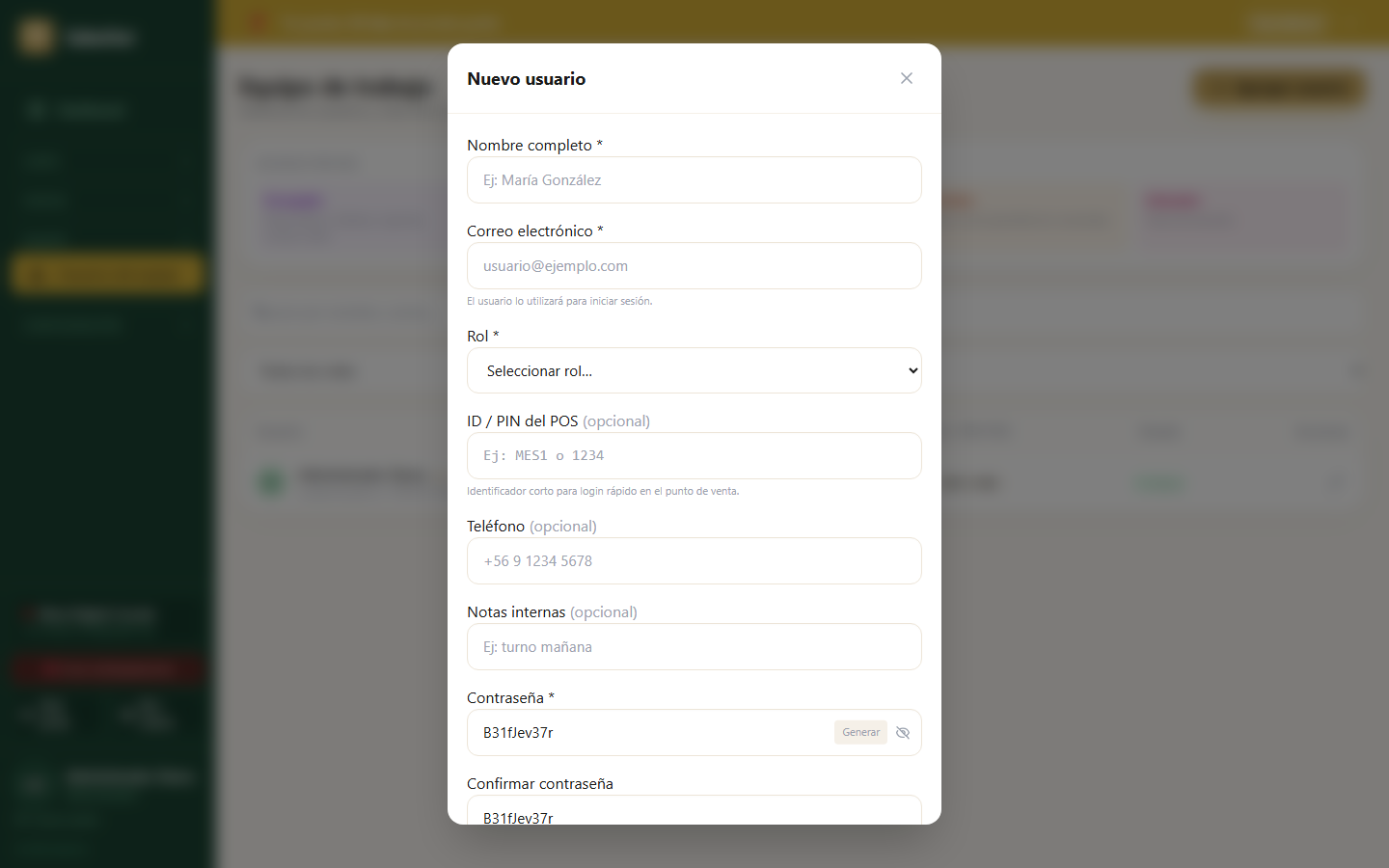 Modal crear usuario SalesOut