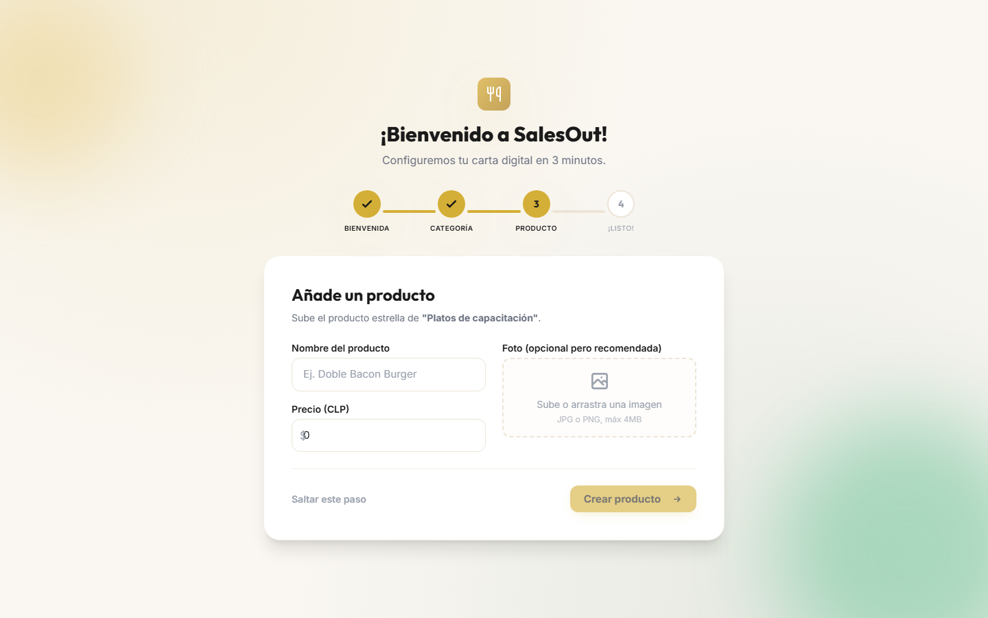 Producto onboarding sin completar