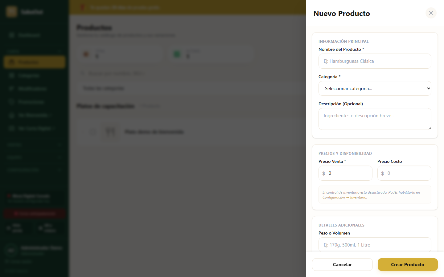 Panel de producto vacío