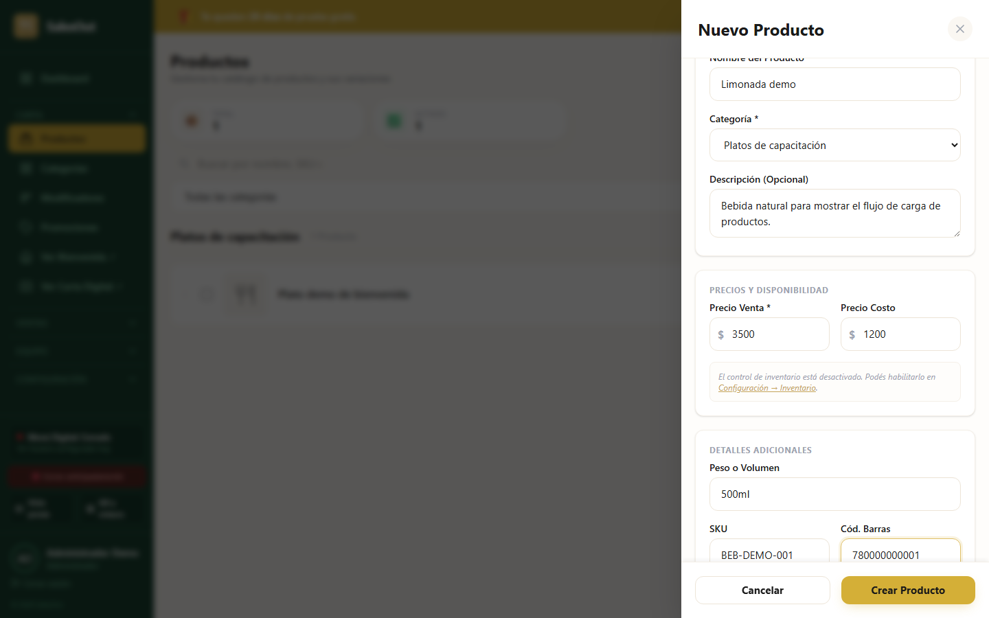 Panel de producto completado