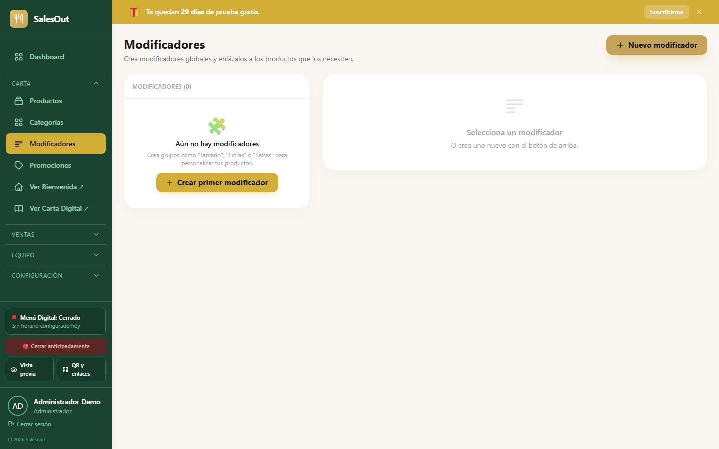 Modificadores de productos SalesOut