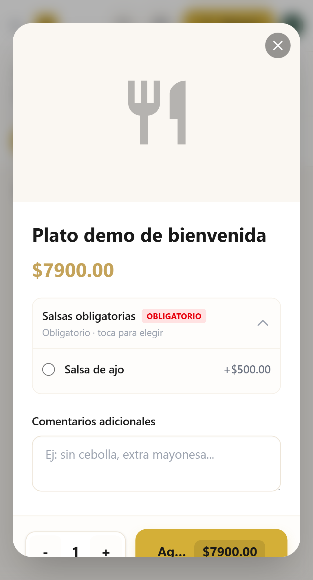 Producto con modificadores obligatorios en POS móvil