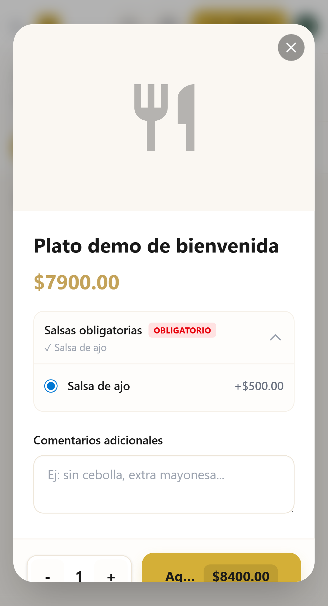 Modificador seleccionado en producto móvil
