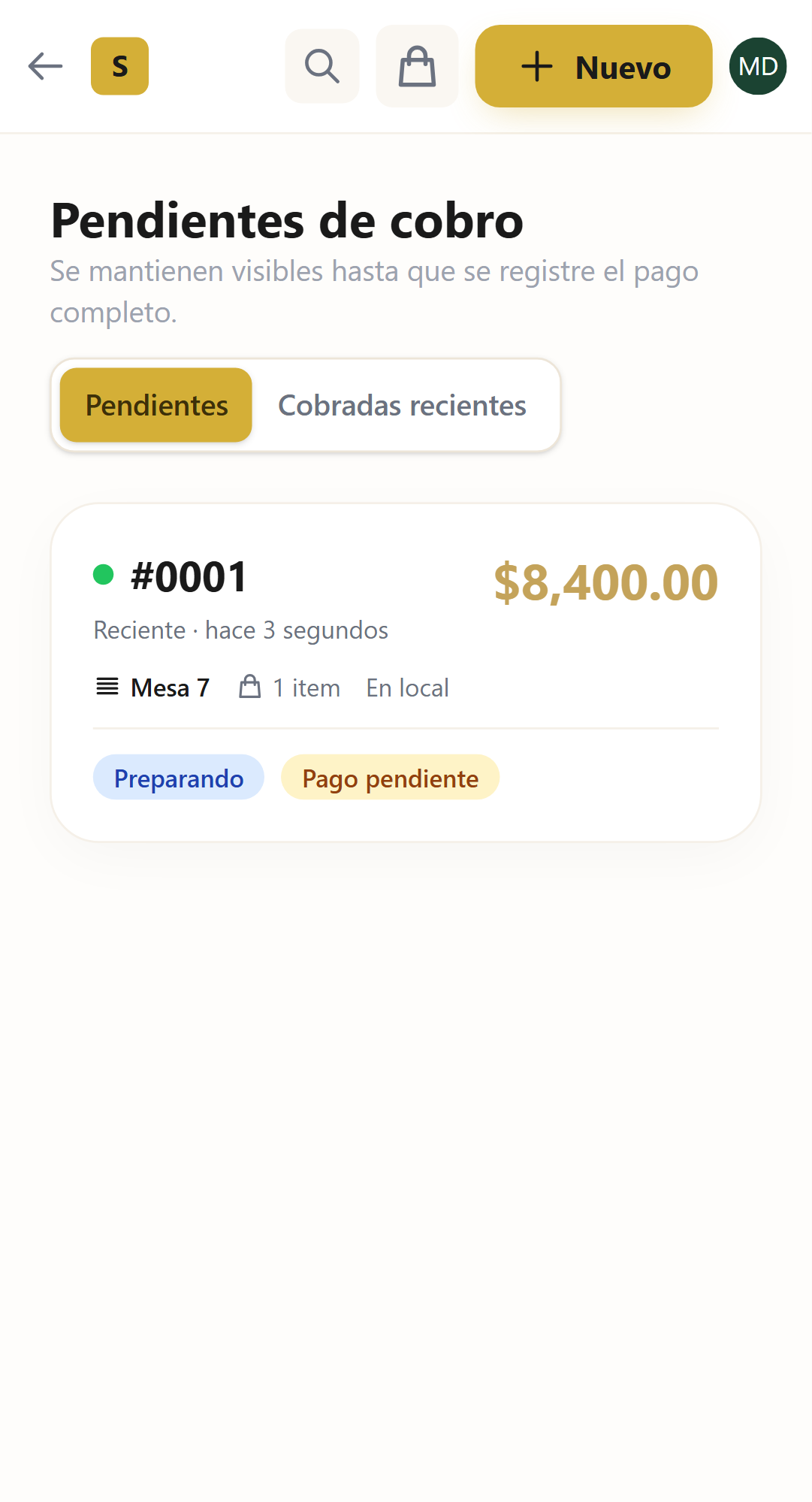 Orden pendiente creada desde POS móvil