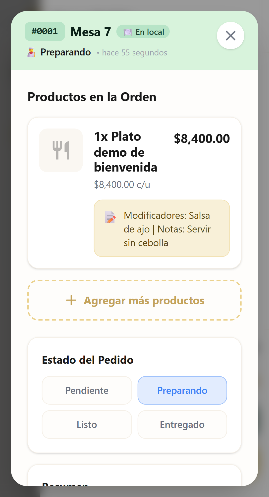 Detalle móvil de orden en preparación